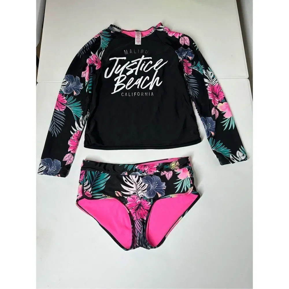 Justice Girl Rash Guard SET 2 pc Black Floral  Swimsuit UPF 50+ Sz16-18(XL)